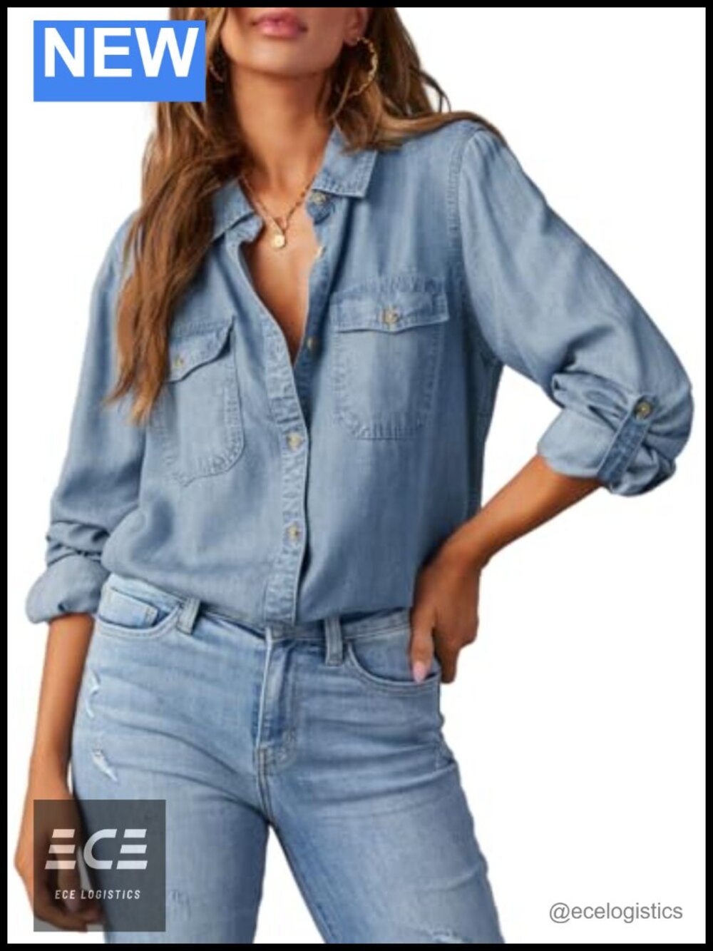 Women's Denim Button Down Shirt Long Sleeve Chambray Blouse